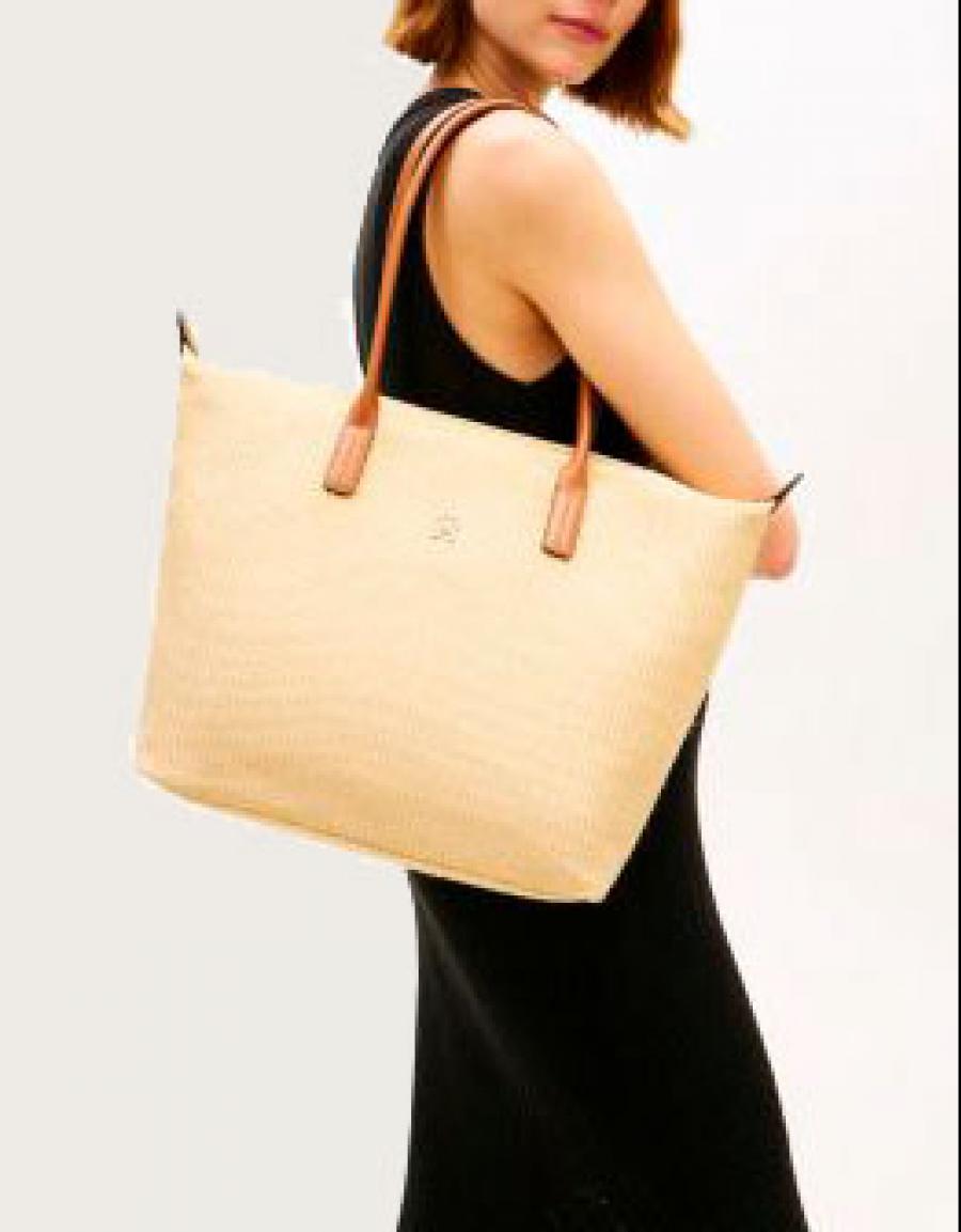BOLSO TOMMY HILFIGER POPETTE TOTE RAFFIA en color Beige