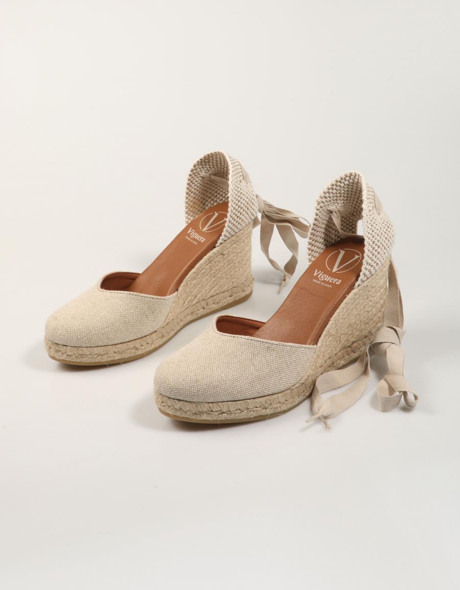 SANDALIAS LUCIA VIGUERA CUÑA LINO NATURAL en color Beige