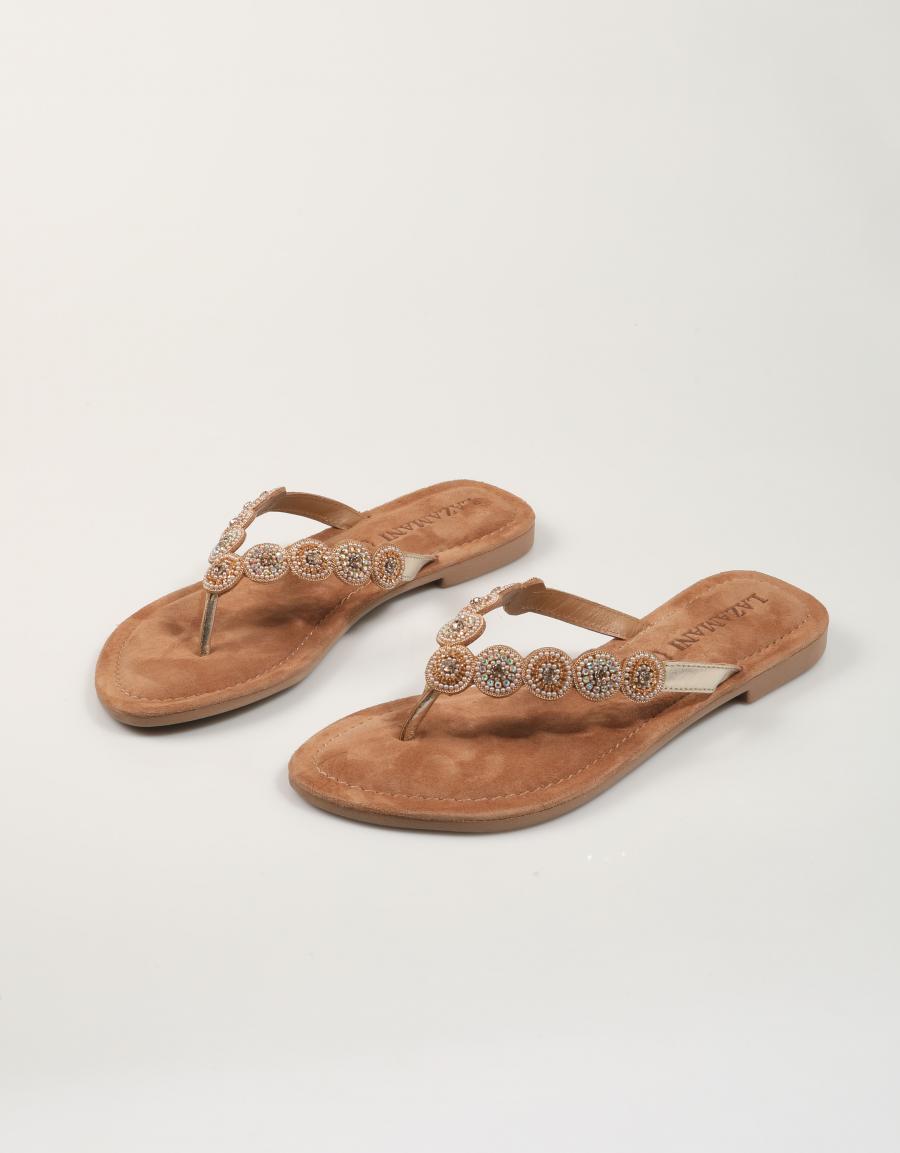 SANDALIAS LAZAMANI BEADS SMALL GOLD en color Beige