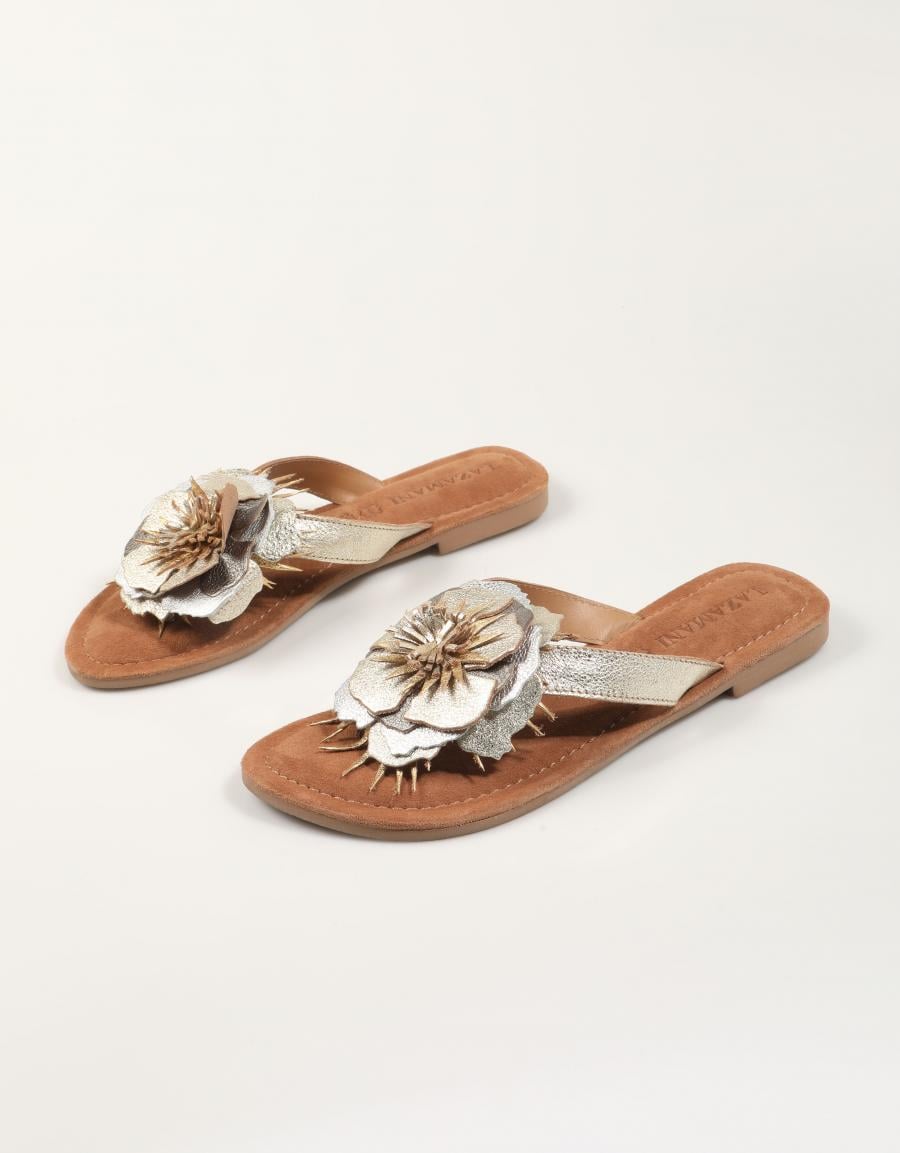 SANDALIAS LAZAMANI HILDE FLOWER METALLIC GOLD en color Beige
